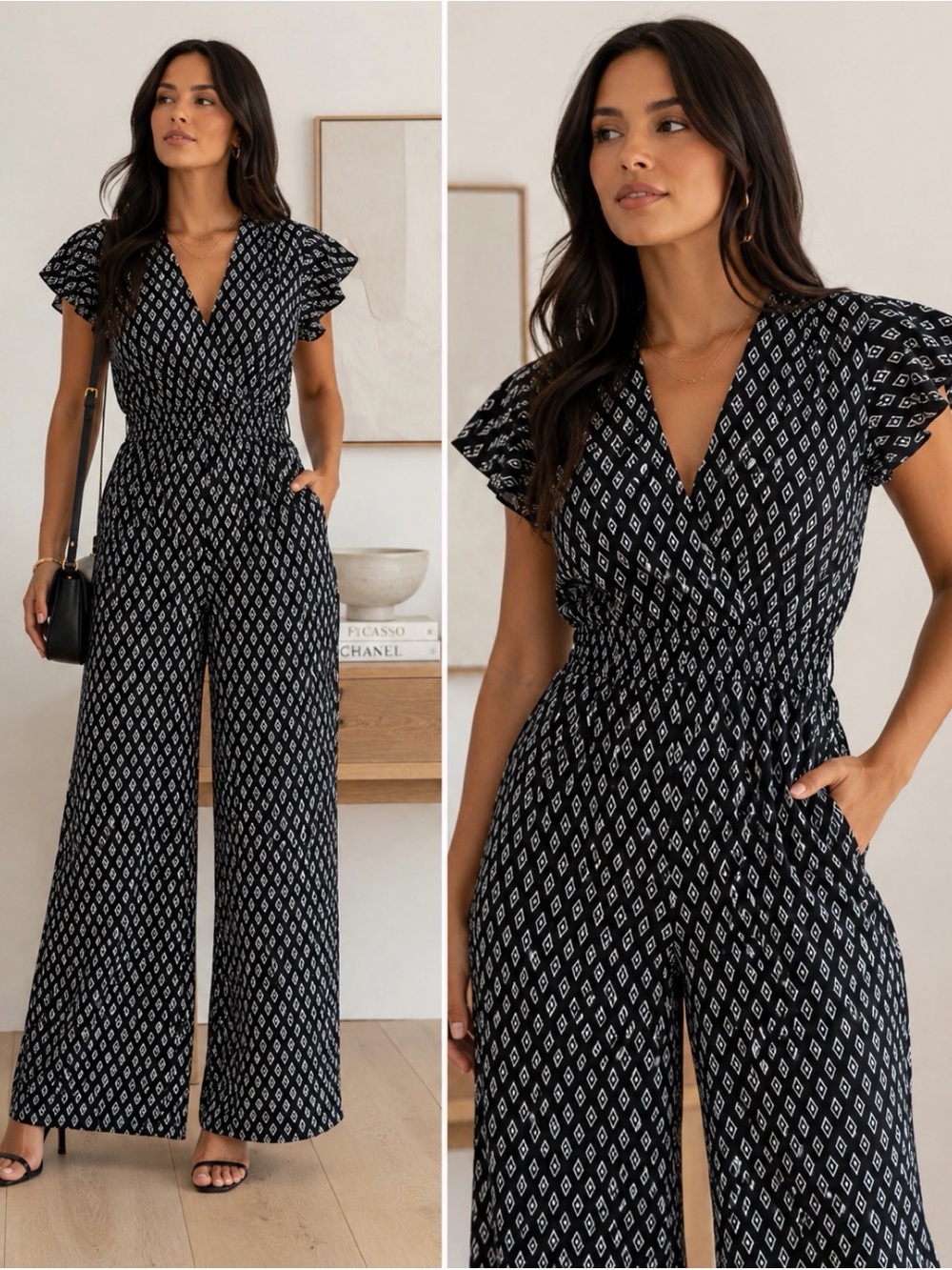 Bar III  Printed V‑Neck Wide‑Leg Jumpsuit